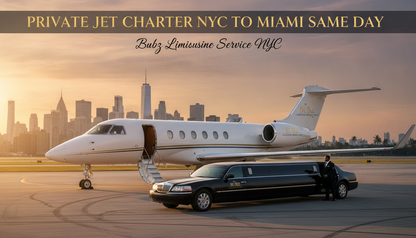 Private jet and limousine on tarmac with NYC skyline