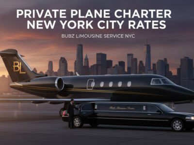Private jet and limousine service with NYC skyline backdrop