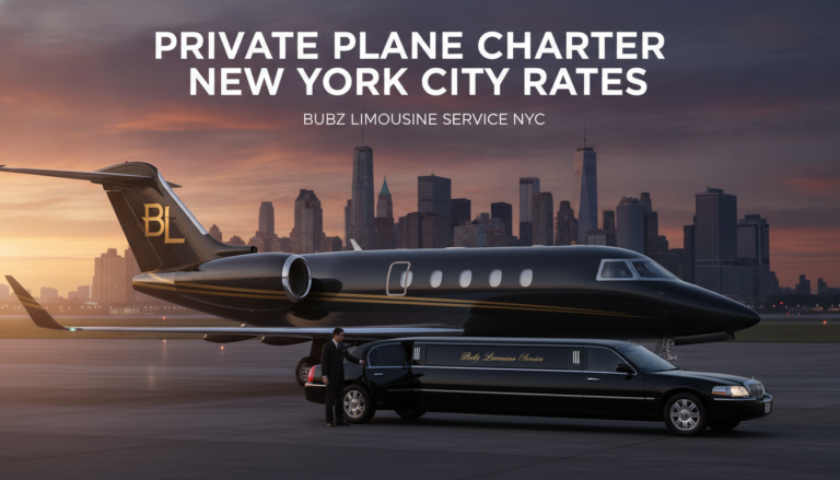 Private jet and limousine service with NYC skyline backdrop