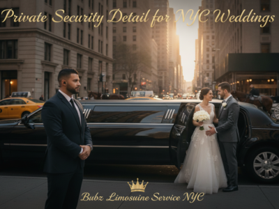 Wedding couple with security guard beside NYC stretch limousine