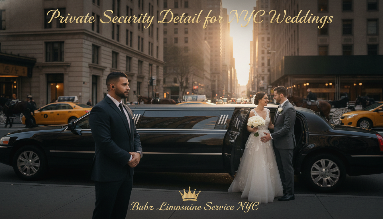 Wedding couple with security guard beside NYC stretch limousine