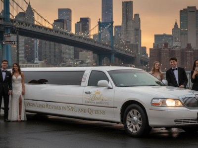 Prom students posing with white limousine in New York City.