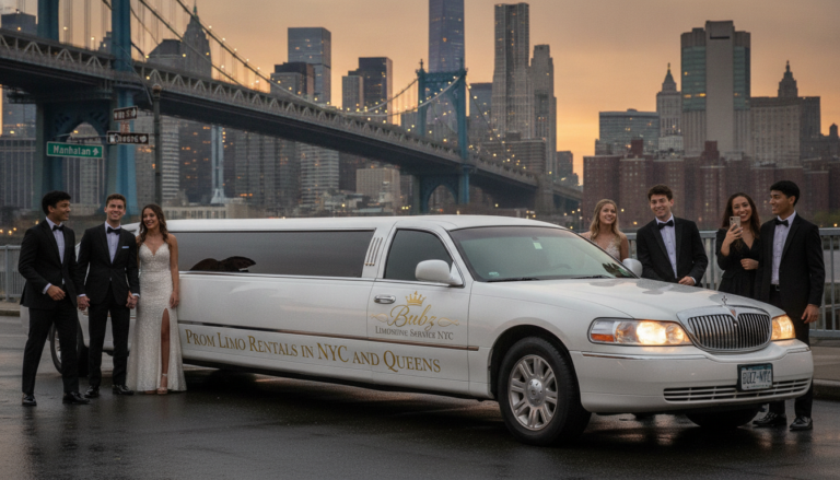 Prom students posing with white limousine in New York City.
