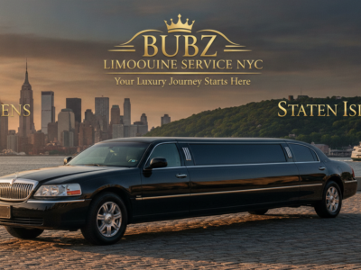 Bubz Limousine Service NYC black stretch limo with city skyline.