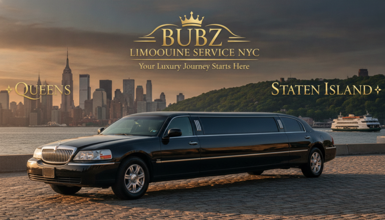 Bubz Limousine Service NYC black stretch limo with city skyline.
