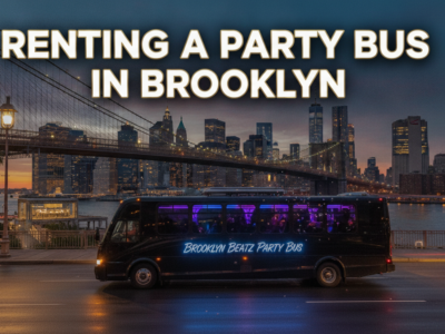 Brooklyn Beatz party bus with New York City skyline background.