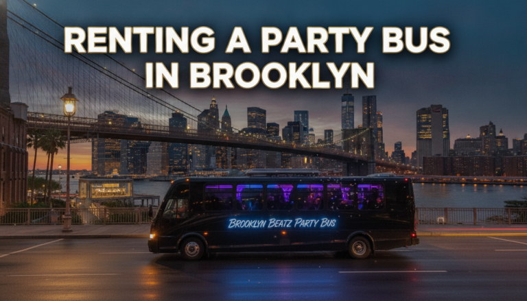 Brooklyn Beatz party bus with New York City skyline background.