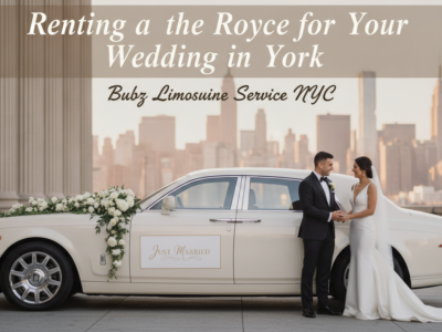 Newlyweds standing by a white Rolls-Royce with NYC skyline.