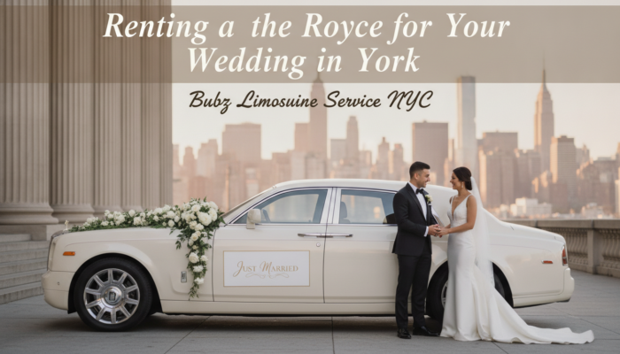 Newlyweds standing by a white Rolls-Royce with NYC skyline.