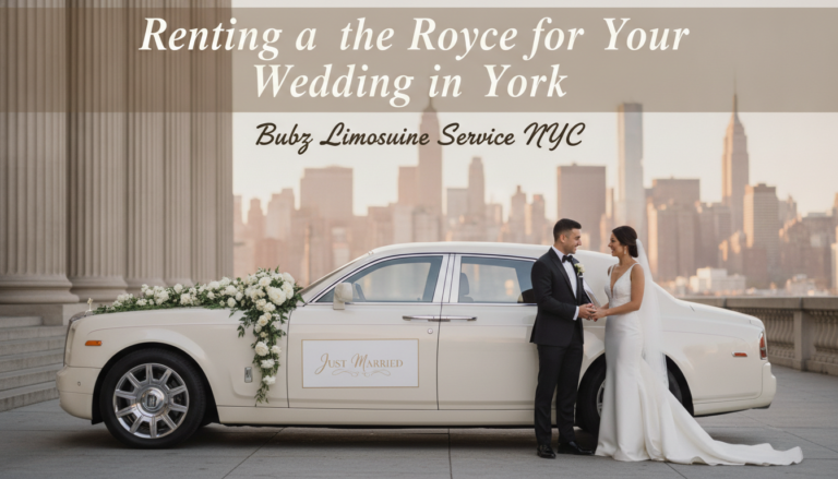 Newlyweds standing by a white Rolls-Royce with NYC skyline.