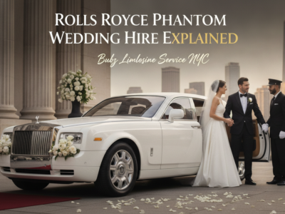 White Rolls Royce Phantom wedding car with couple in NYC.