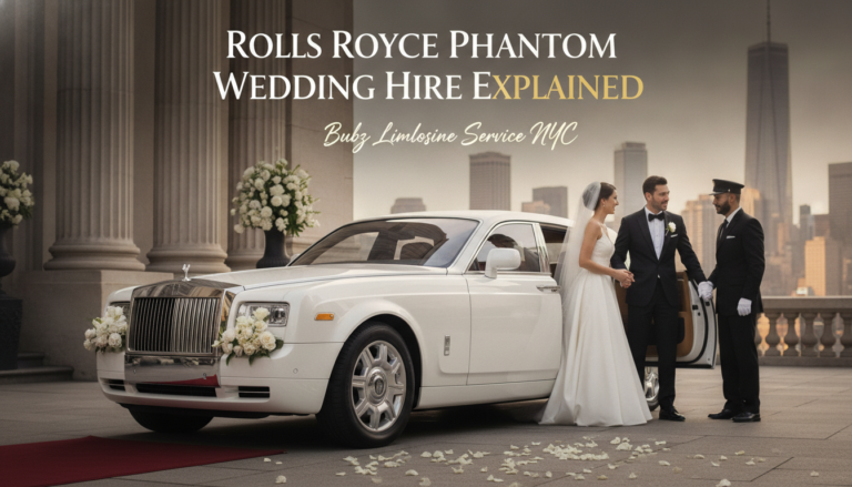 White Rolls Royce Phantom wedding car with couple in NYC.