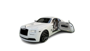 White Rolls-Royce Wraith luxury car with open door.
