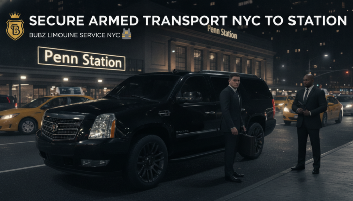 Bubz Limousine secure armed transport SUV at NYC Penn Station