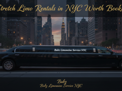 Black stretch limousine for NYC rentals with city skyline backdrop.