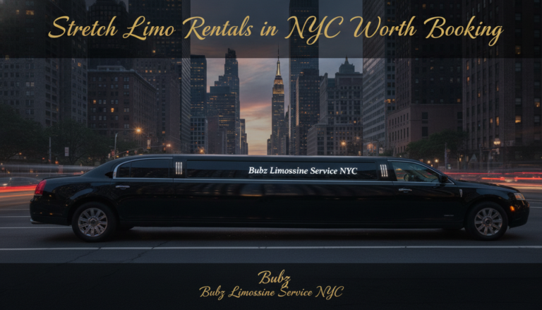 Black stretch limousine for NYC rentals with city skyline backdrop.