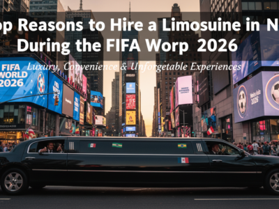 Black limousine in Times Square with FIFA World 2026 billboards.
