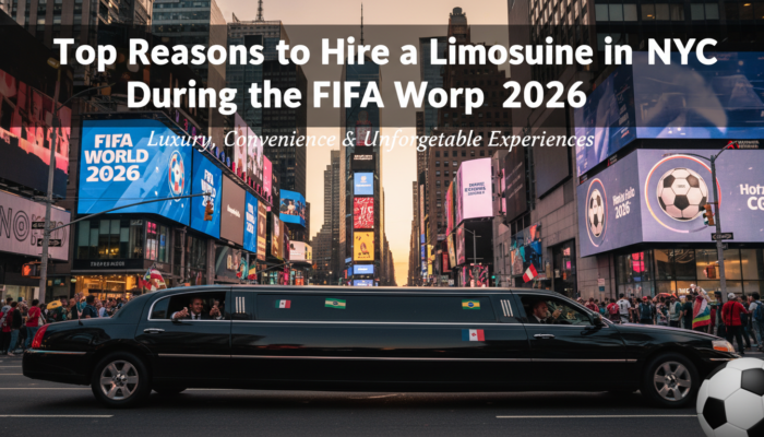 Black limousine in Times Square with FIFA World 2026 billboards.