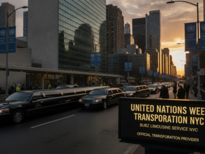 Limousines lined up outside UN headquarters during United Nations Week NYC