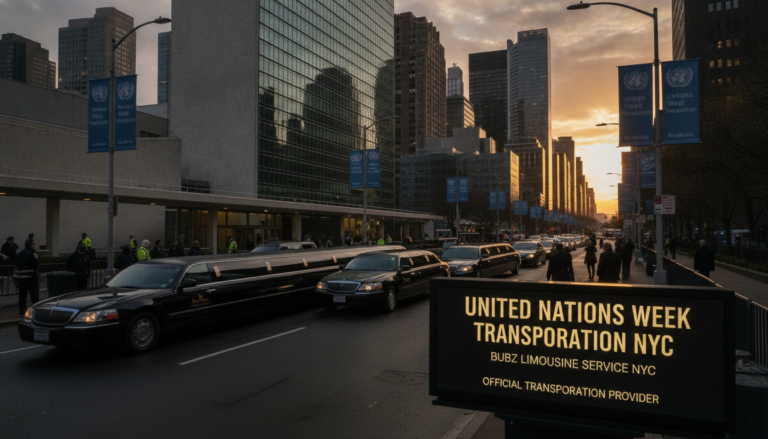 Limousines lined up outside UN headquarters during United Nations Week NYC