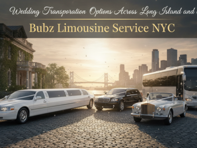 Luxury wedding transportation fleet with NYC skyline backdrop.