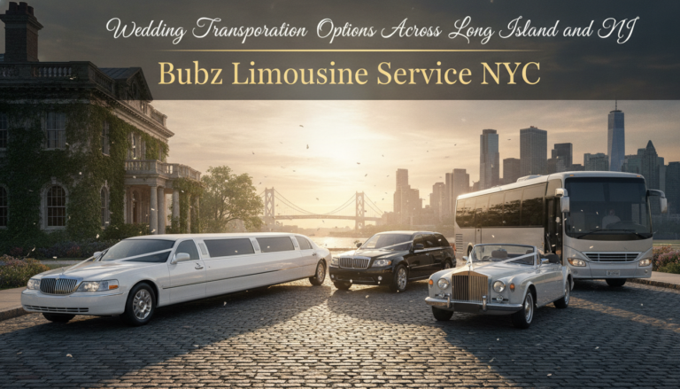 Luxury wedding transportation fleet with NYC skyline backdrop.
