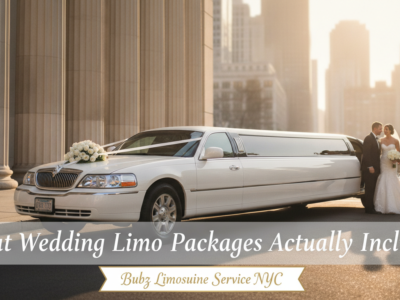 White wedding limousine with bride, groom, and chauffeur in NYC