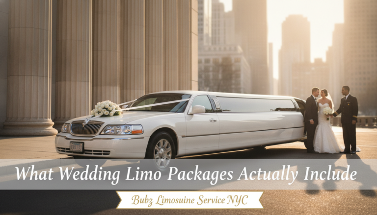 White wedding limousine with bride, groom, and chauffeur in NYC