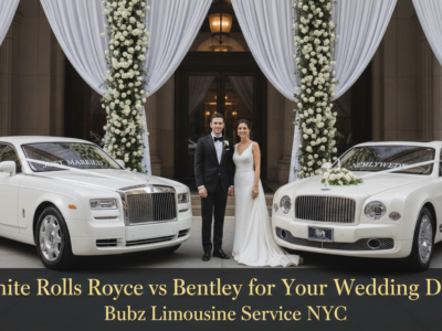 Newlyweds between a white Rolls Royce and Bentley in NYC.
