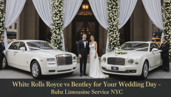 Newlyweds between a white Rolls Royce and Bentley in NYC.