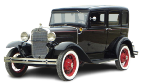 Vintage black 1920s sedan with red wheels