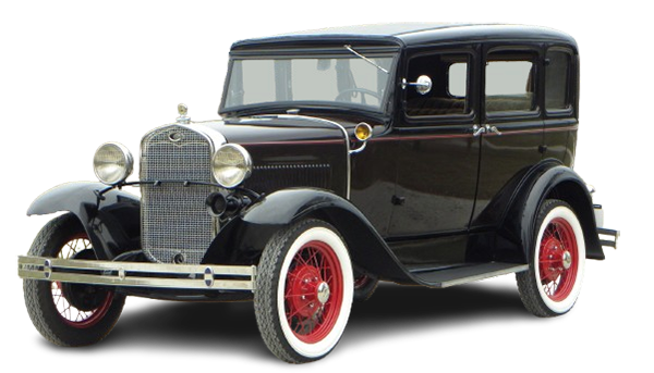Vintage black 1920s sedan with red wheels