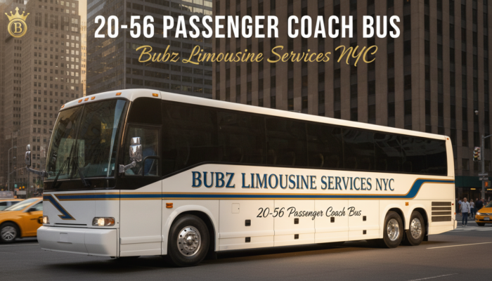 White passenger coach bus in downtown NYC