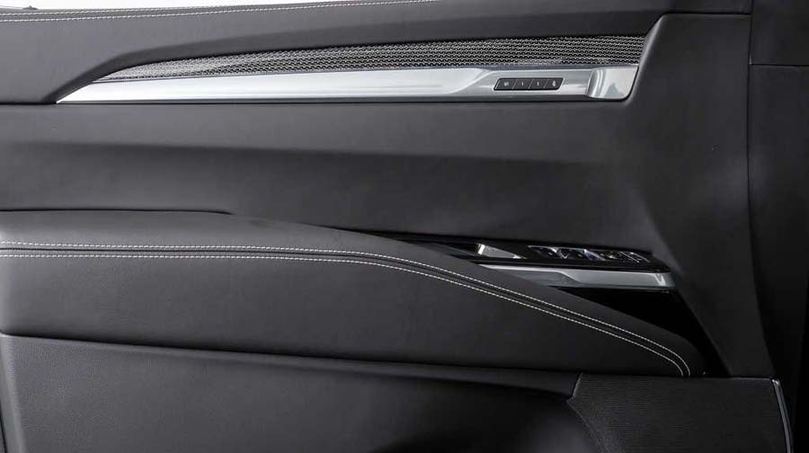 Black leather car door panel with controls