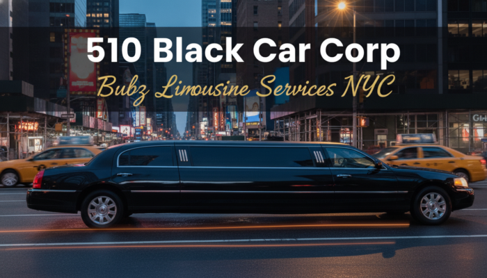 Black stretch limousine driving through New York City
