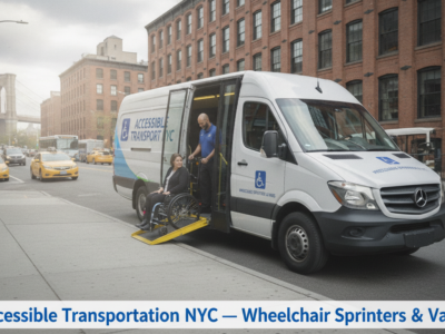 Wheelchair passenger boarding accessible van in New York City