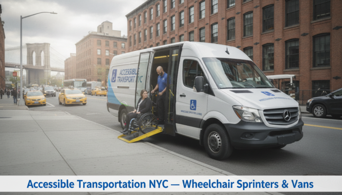 Wheelchair passenger boarding accessible van in New York City