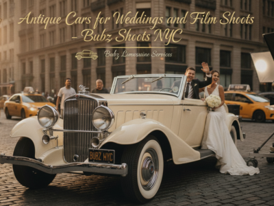 Bride and groom in vintage car film shoot NYC