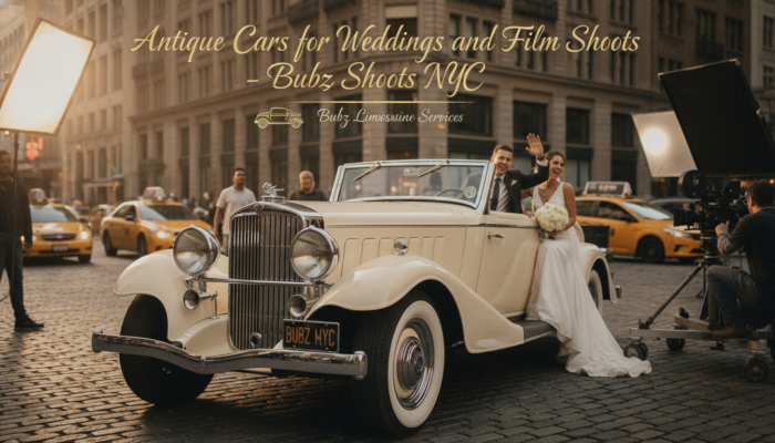 Bride and groom in vintage car film shoot NYC