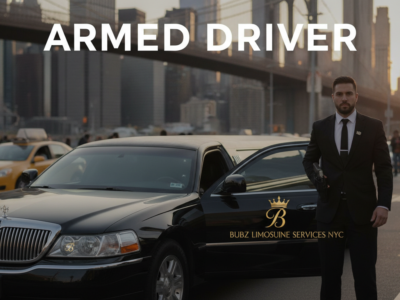 Armed chauffeur standing beside black limousine in city
