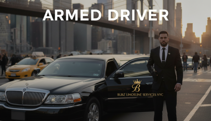 Armed chauffeur standing beside black limousine in city