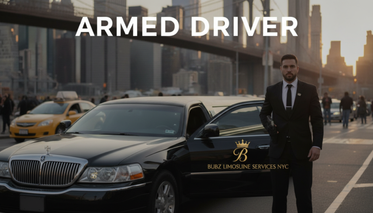 Armed chauffeur standing beside black limousine in city
