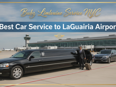 Black limousine with driver at LaGuardia Airport terminal
