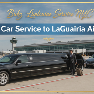 Black limousine with driver at LaGuardia Airport terminal