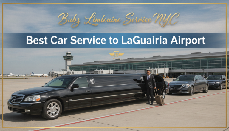 Black limousine with driver at LaGuardia Airport terminal