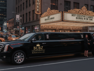Black stretch limousine with chauffeur in city street
