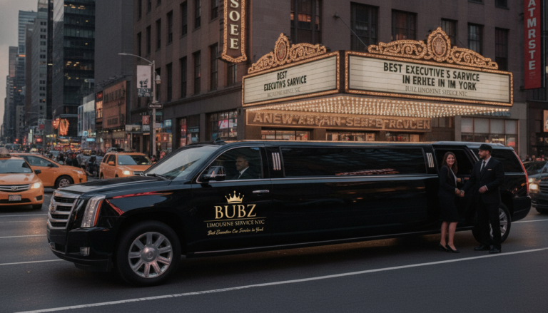 Black stretch limousine with chauffeur in city street
