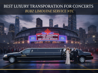 Luxury limousine outside NYC concert arena at night