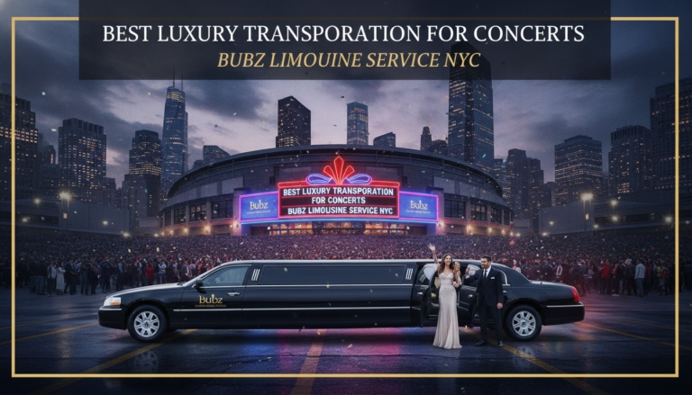 Luxury limousine outside NYC concert arena at night