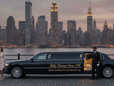 Couple beside limousine with chauffeur, NYC skyline backdrop